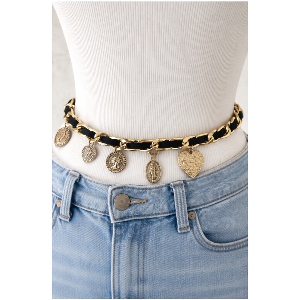 Gold Chain Belt Necklace Black Woman's Charm Hearts Miraculous‎ Medal 43" Chunky